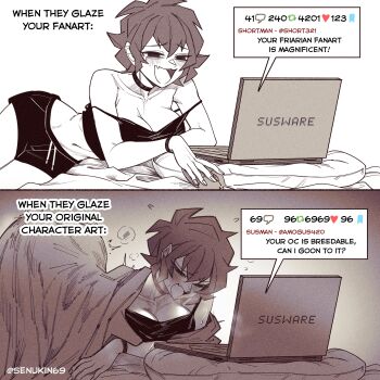 1girl :d absurdres artist_name bare_shoulders blush breasts cleavage closed_eyes collarbone commentary computer computer_mouse double_strap_slip english_commentary english_text fang fingernails greyscale heavy_breathing highres kin_(senukin) laptop large_breasts lying monochrome navel no_pupils on_bed open_mouth original pillow senukin short_hair short_shorts shorts single_tear skin_fang smile spot_color strap_slip sweat tank_top twitter_username under_covers wristband zoomer_slang