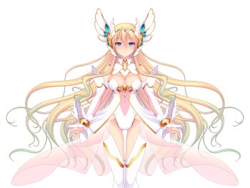 1girl bare_shoulders blonde_hair blue_eyes breasts cleavage detached_collar detached_sleeves dress en_ciel_rena en_ciel_rena_(laelith) expressionless game_cg gradient_hair green_hair hair_ornament kourin_tenshi_en_ciel_rena large_breasts large_variant_set leotard long_hair looking_at_viewer magical_girl multicolored_hair non-web_source official_art saitou_natsuki see-through_clothes solo standing suhamaya thighhighs tomoe_rena transparent_background variant_set very_long_hair white_thighhighs