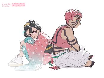 Rule 34 | 1boy, 1girl, akaza (kimetsu no yaiba), arm markings, artist name, back-to-back, baggy pants, bare shoulders, barefoot, black hair, blue scarf, body markings, colored eyelashes, comb, cropped vest, facial mark, flower-shaped pupils, full body, hair ornament, highres, hugging own legs, indian style, japanese clothes, kimetsu no yaiba, kimono, long hair, midriff, noah (rokoroko), obi, pants, parted bangs, pink eyes, pink kimono, polka dot, polka dot kimono, red eyes, red hair, red vest, sandals, sash, scarf, short hair, sitting, snowflake hair ornament, socks, symbol-shaped pupils, tabi, twitter username, updo, vest, white pants, white socks
