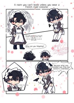 2boys ahoge alternate_costume apron black_coat black_dress black_eyes black_hair black_panties black_shirt chibi chibi_only coat collared_shirt commentary covering_privates crossdressing crossdressing_(mtf) curtained_hair dress english_commentary english_text enmaided hair_between_eyes highres kim_dokja kimidori_22 maid maid_apron maid_headdress male_focus meme multiple_boys omniscient_reader&#039;s_viewpoint open_clothes open_coat panties popped_collar room_you_can&#039;t_get_out_of_unless_you_x_(meme) shirt short_hair sweatdrop thighhighs underwear white_apron white_coat white_thighhighs yoo_joonghyuk zettai_ryouiki