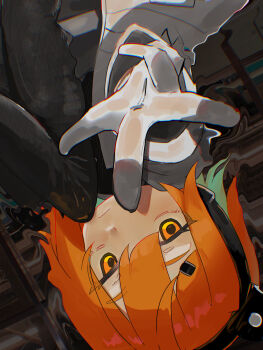 1girl a.i._voice absurdres adachi_rei closed_mouth commentary_request highres looking_at_viewer nekotani_nekoko orange_eyes orange_hair reaching reaching_towards_viewer solo upside-down utau