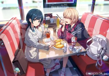 2girls :d backpack bag bag_charm black_hair blonde_hair brown_bag charm_(object) chocolate_syrup closed_mouth collared_shirt commentary_request company_name copyright_notice drink essual_(layer_world) food french_fries fruit glass grey_eyes grey_jacket grey_shirt holding ice_cream jacket ketchup_bottle lower_teeth_only minamo_madoka multiple_girls mustard_bottle nijisanji official_art open_mouth orange_eyes plate red_jacket red_shoes sample_watermark shirasa_ayane shirt shoelaces shoes sitting skirt smile sneakers socks strawberry table teeth tongue virtual_youtuber watermark white_bag white_shirt white_skirt white_socks