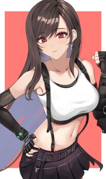 1girl bare_shoulders black_gloves black_hair black_skirt blush border breasts clenched_hand closed_mouth collarbone commentary crop_top earrings elbow_gloves final_fantasy final_fantasy_vii final_fantasy_vii_remake fingerless_gloves gloves hair_behind_ear hand_on_own_hip highres jewelry kyaro_(wanu_14) large_breasts long_hair looking_at_viewer materia midriff navel outside_border red_eyes single_earring skirt smile solo suspender_skirt suspenders swept_bangs tank_top tifa_lockhart upper_body white_border white_tank_top