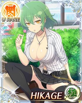 Rule 34 | 1girl, :p, black panties, black skirt, black thighhighs, border, breast tattoo, breasts, bush, candy, card (medium), chain, character name, cleavage, day, food, game cg, gold chain, green hair, hikage (senran kagura), hip tattoo, holding, holding candy, holding food, holding lollipop, indian style, jewelry, large breasts, lollipop, looking at viewer, medium hair, navel, necklace, official art, outdoors, panties, partially unbuttoned, senran kagura, senran kagura new wave, shirt, sitting, skirt, slit pupils, snake tattoo, solo, striped clothes, striped shirt, tattoo, thighhighs, third-party source, tongue, tongue out, underwear, vertical-striped clothes, vertical-striped shirt, white shirt, yellow eyes