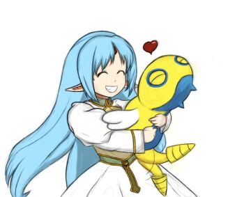 1girl alice_soft aqua_hair blue_hair child closed_eyes crossover drawfag dress dunsparce elf forehead_jewel gen_2_pokemon grin happy heart hug kalar_(race) long_hair nintendo pointy_ears pokemon pokemon_(creature) rance_(series) rance_quest reset_kalar simple_background smile tail tail_wagging telr_(artist) white_background wings