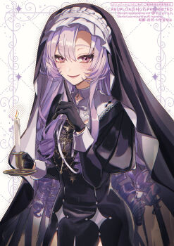 1girl black_dress black_gloves black_veil candle dress gloves hair_between_eyes haruna_(hrnrnh) hyakumantenbara_salome hyakumantenbara_salome_(4th_costume) jewelry juliet_sleeves long_hair long_sleeves looking_at_viewer nijisanji nun official_alternate_costume puffy_sleeves purple_eyes purple_hair ringlets sidelocks sleeve_cuffs smile solo veil virtual_youtuber watermark white_background