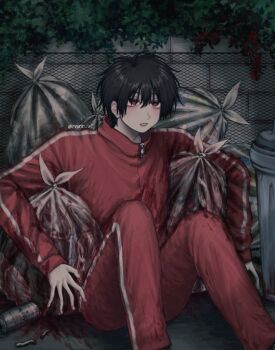 1boy black_hair blood can cigarette drink_can hair_between_eyes jacket knees_up long_sleeves looking_ahead male_focus nmnr_ut on_ground open_mouth original pants red_eyes red_jacket red_pants red_track_suit short_hair sitting solo track_jacket track_pants track_suit trash_bag trash_can wispy_bangs zipper zipper_pull_tab