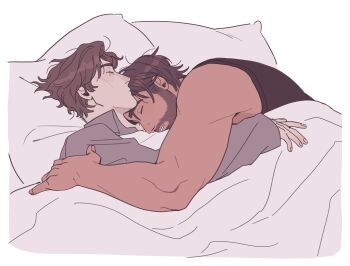 2boys arcane:_league_of_legends arcane_jayce beard bed_sheet black_tank_top brown_hair closed_eyes closed_mouth collared_shirt commentary couple cuddling dark-skinned_male dark_skin facial_hair hashtag-only_commentary highres jayce_(league_of_legends) league_of_legends long_sleeves male_focus multiple_boys oooyinghu pillow shirt single_bare_shoulder sleeping tank_top under_covers viktor_(arcane) viktor_(league_of_legends) wavy_hair wing_collar yaoi