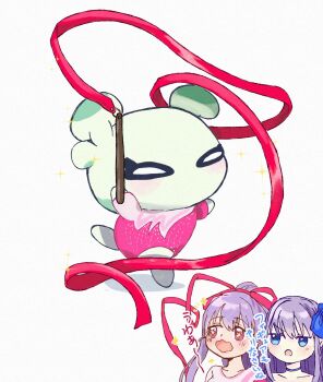 Rule 34 | + +, 1other, 2girls, :o, absurdres, athletic leotard, blue choker, blue eyes, blue ribbon, blush, choker, collarbone, colored skin, con (fate), creature, facing viewer, fate/grand order, fate (series), green skin, gymnastics, hair ribbon, highleg, highleg leotard, highres, jitome, leotard, long hair, long ribbon, long sidelocks, long sleeves, looking ahead, looking at another, meltryllis, meltryllis (fate), meltryllis (swimsuit lancer) (fate), meltryllis (swimsuit lancer) (second ascension) (fate), multiple girls, nao oppaisukiii, passionlip (fate), passionlip (swimsuit saber) (second ascension) (fate), pink eyes, pink leotard, pink ribbon, ponytail, purple hair, raised eyebrows, red ribbon, rhythmic gymnastics, ribbon, ribbon baton, sidelocks, simple background, sleeved leotard, sparkle, standing, standing on one leg, translation request, white background, white eyes