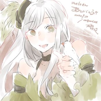 1girl bird bird_on_hand black_choker black_hat breasts choker commentary_request dated detached_sleeves fascinator fingernails green_sleeves grey_eyes hat java_sparrow long_hair medium_breasts official_alternate_costume open_mouth plume ragnarok_online ranger_(ragnarok_online) smile solo translation_request upper_body white_hair yutsuki