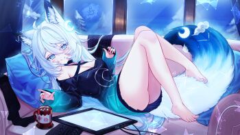 1girl absurdres ahoge animal_ear_fluff animal_ears bare_legs barefoot blue_eyes breasts by_mirin cleavage closed_mouth commentary couch crescent crescent_hair_ornament cup gradient_tail hair_ornament highres indie_virtual_youtuber long_hair long_sleeves mysticlight_(vtuber) on_couch smile solo symbol-only_commentary tail thighs virtual_youtuber