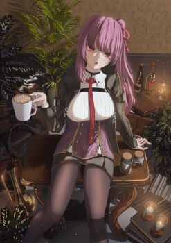Rule 34 | 1girl, absurdres, black jacket, black pantyhose, breasts, bullpup, coffee mug, commentary request, cup, girls' frontline, girls' frontline 2: exilium, gun, highres, holding, holding cup, jacket, korean commentary, large breasts, makiatto (girls' frontline 2), mug, necktie, pantyhose, purple hair, red eyes, red necktie, rifle, shirt, sniper rifle, solo, ssammi (lpkl0811), thighs, wa2000 (girls' frontline), walther, walther wa 2000, weapon, white shirt