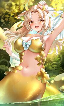 1girl absurdres antennae armpits blonde_hair blush bow bra breasts cleavage fins fish_tail grass highres indie_virtual_youtuber large_breasts leaf long_hair looking_at_viewer mermaid monster_girl moth_hair_ornament navel open_mouth sanagi_yuzu smile tail underwear virtual_youtuber water wisht0 yellow_bra yellow_eyes