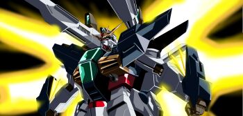 absurdres after_war_gundam_x armor beam_cannon black_background chest_cannon commentary double_beam_cannon glowing green_eyes gundam gundam_double_x highres kds_(0049) mecha mecha_focus mobile_suit robot satellite_cannon teeth upper_teeth_only v-fin