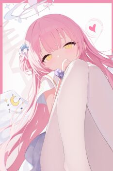 Rule 34 | 1girl, absurdres, angel wings, blue archive, blush, border, character name, chinese commentary, clip studio paint (medium), closed mouth, commentary request, covering own mouth, dress, feet out of frame, flower, hair bun, hair flower, hair ornament, halo, hand over own mouth, heart, highres, knees up, long hair, looking at viewer, low wings, making-of available, mika (blue archive), mixed-language commentary, multi-source commentary, nyarnya, outside border, pantyhose, pink border, pink hair, pink halo, purple scrunchie, scrunchie, single side bun, solo, spoken heart, very long hair, white background, white dress, white pantyhose, white wings, wing ornament, wings, wrist scrunchie, yellow eyes