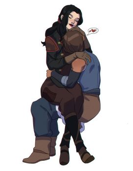 2girls absurdres asami_sato avatar_legends bare_shoulders blue_shirt boots brown_footwear brown_gloves brown_skirt dark-skinned_female dark_skin dress gloves highres hug interracial korra lara_jenn lipstick long_sleeves makeup multiple_girls red_dress red_lips shirt simple_background skirt the_legend_of_korra white_background yuri