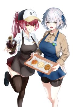 2girls alternate_costume alternate_hairstyle apron barista braid bread breasts chaciooh curly_hair food glass green_eyes hat heterochromia hololive houshou_marine huge_breasts large_breasts looking_at_viewer multiple_girls name_tag one_leg_raised open_mouth pantyhose pointing pointing_at_viewer ponytail red_hair shirogane_noel shoes shorts skirt smile straw teeth thighhighs tray virtual_youtuber waitress white_background white_hair yellow_eyes