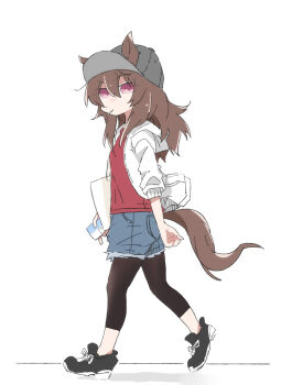 Rule 34 | 1girl, animal ears, baseball cap, beer hsk, black leggings, black shoes, blue shorts, brown hair, commentary request, ears through headwear, grey hat, hair between eyes, hat, holding, hood, hood down, hooded jacket, horse ears, horse girl, horse tail, jacket, leggings, leggings under shorts, long hair, looking at viewer, looking to the side, nakayama festa (umamusume), open clothes, open jacket, purple eyes, red shirt, shadow, shirt, shoes, shorts, simple background, solo, tail, umamusume, walking, white background, white jacket