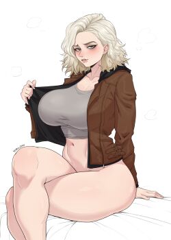 1girl absurdres arm_support artist_name bed_sheet blush bottomless breasts brown_jacket cleavage collarbone crossed_legs grace_ashcroft grey_eyes grey_shirt highres holding holding_unworn_jacket holding_unworn_clothes huge_breasts jacket large_breasts lips long_sleeves looking_at_viewer makeup medium_hair navel no_panties no_pants on_bed open_clothes open_jacket parted_lips resident_evil resident_evil_requiem shirt short_hair simple_background sitting solo thick_thighs thighs unworn_jacket white_background yoru_dan