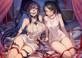 2girls au_ra averting_eyes barefoot bed black_hair blush breasts canopy_bed cleavage cleavage_cutout clothing_cutout cluseller dragon_horns dragon_tail dress earrings embarrassed eyebrows_hidden_by_hair fangs final_fantasy final_fantasy_xiv glasses hand_on_own_leg highres holding_hands horns jewelry large_breasts long_hair looking_at_viewer medium_breasts multiple_girls on_bed open_mouth pillow ponytail purple_hair red_eyes sapphira_nyx scales second-party_source sitting slit_pupils smile sphere_earrings sweater tail teeth twintails variant_set very_long_hair warrior_of_light_(ff14) wavy_mouth white_dress white_sweater yellow_eyes