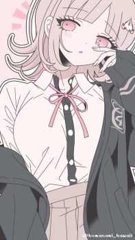 Rule 34 | 1girl, black jacket, black shirt, blunt bangs, blush, breasts, brown hair, collared shirt, commentary request, danganronpa (series), danganronpa 2: goodbye despair, dress shirt, flipped hair, hair ornament, highres, hood, jacket, komanami kawaii, large breasts, long sleeves, looking at viewer, medium hair, nanami chiaki, neck ribbon, off shoulder, open clothes, open jacket, pink eyes, pink ribbon, ribbon, shirt, shirt tucked in, skirt, solo, white shirt