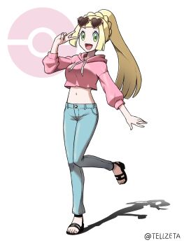 1girl :d absurdres alternate_costume black_shoes blonde_hair commentary_request commission cropped_hoodie eyelashes eyewear_on_head full_body green_eyes hand_up happy heart heart-shaped_eyewear highres hood hood_down hoodie leg_up lillie_(pokemon) long_hair navel nintendo open_mouth pants pink_hoodie poke_ball_symbol pokemon pokemon_sm shoes skeb_commission smile solo standing standing_on_one_leg sunglasses tassel tellzeta toes v watermark white_background