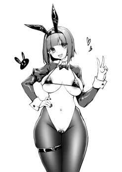 1girl animal_ears black_bow black_bowtie black_bra black_hiphighs blush bow bowtie bra breasts cleavage collar female_pubic_hair hand_on_own_hip hand_up heart heart_maebari highres hiphighs large_breasts long_sleeves maebari monochrome navel open_mouth original playboy_bunny pubic_hair rabbit_ears reverse_bunnysuit reverse_outfit short_hair smile stank thigh_strap underwear v white_collar white_wrist_cuffs wrist_cuffs