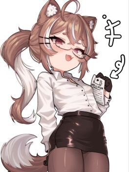 +++ 1girl animal_ears arrow_(symbol) black-framed_eyewear black_gloves black_skirt breasts brown_hair brown_pantyhose cat_ears cat_girl cat_tail collared_shirt cowboy_shot dress_shirt fang glasses gloves hair_between_eyes highres indie_virtual_youtuber job_application_form_(meme) looking_at_viewer meme miniskirt mocha-tan mocha-tan_(character) mole mole_under_each_eye mole_under_eye multicolored_hair multiple_moles open_mouth panties pantyhose pantyshot partially_unbuttoned red_eyes semi-rimless_eyewear shirt skin_fang skirt small_breasts solo streaked_hair tail two-tone_hair under-rim_eyewear underwear virtual_youtuber white_background white_shirt