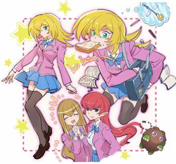 Rule 34 | 3girls, bag, black thighhighs, blonde hair, blue bag, blue bow, blue bowtie, blue eyes, blue skirt, blush stickers, bow, bowtie, bread, bread slice, brown hair, brown shoes, dark magician girl, domino high school uniform, duel monster, food, food in mouth, futa yuri ryona, green eyes, hair between eyes, harpie girl (yu-gi-oh!), harpie lady, harpie lady 1, interlocked fingers, jacket, kuriboh, long hair, long sleeves, looking at viewer, mouth hold, multiple girls, multiple views, notebook, own hands clasped, own hands together, pencil, pink jacket, pleated skirt, pointy ears, red hair, school bag, school uniform, shirt, shoes, skirt, smile, star (symbol), thighhighs, toast, toast in mouth, wand, white shirt, yu-gi-oh!, yu-gi-oh! duel monsters