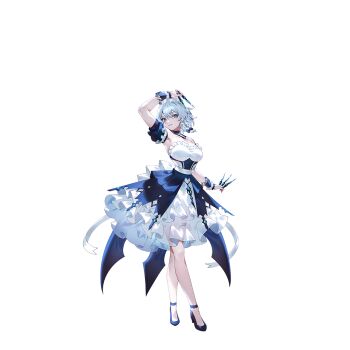 1girl alternate_costume arm_up armpits black_shoes blue_bow blue_choker blue_dress blue_eyes bow breasts choker detached_sleeves dress full_body game_cg grey_hair hair_bow high_heels highres holding holding_knife izayoi_sakuya knife large_breasts looking_at_viewer maid_headdress medium_hair non-web_source official_art parted_lips second-party_source shoes solo standing strapless strapless_dress throwing_knife touhou touhou_gensou_eclipse transparent_background u_u_zan weapon white_dress wrist_cuffs