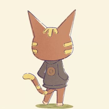 1girl animal_crossing animal_ears animated animated_gif black_jacket blonde_hair brown_fur cat cat_ears cat_girl cat_tail colored_sclera commentary fangs gold_necklace hands_in_pockets jacket jewelry katt_(animal_crossing) lowres necklace nintendo on_grass tabby_cat tail tapping_foot yellow_background yellow_sclera
