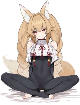 1 animal_ears artist_request bare_shoulders bell blonde_hair blush braid breasts feet gradient_hair hokori_kei japanese_clothes kimono leggings long_hair multicolored_hair on_floor red_eyes small_breasts smile tail toeless_legwear twintails underboob very_long_hair virtual_youtuber white_background white_hair