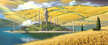 absurdres architecture bush commentary crimsonsword03 day english_commentary field grass grasslands greco-roman_architecture heaven highres hill island lake landscape light_rays marble_(stone) marble_sculpture no_humans original outdoors painterly pillar rock scenery statue temple tree water wheat wheat_field