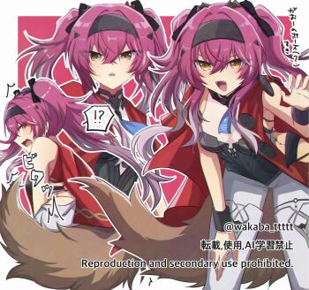 Rule 34 | !?, 0roshioji3ran, 1girl, armor, black bow, border, bow, breastplate, breasts, brown tail, chromatic aberration, colored tips, commentary request, earrings, hair bow, hair ornament, hairband, highres, jewelry, leaning forward, long hair, looking at viewer, lupa (wuthering waves), medium breasts, metal hairband, multicolored hair, multiple hair bows, multiple views, open mouth, pink hair, red background, red pupils, red sash, sash, smile, spoken interrobang, tacet mark (wuthering waves), tail, twintails, white border, wolf tail, wuthering waves, yellow eyes