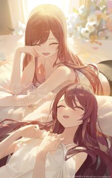 2girls ^_^ absurdres bare_shoulders blush breasts closed_eyes collarbone elbow_rest hand_on_own_cheek hand_on_own_face head_rest highres idolmaster idolmaster_shiny_colors idolmaster_shiny_colors_song_for_prism long_hair looking_at_another lying medium_breasts modare multiple_girls on_back on_stomach open_mouth osaki_amana osaki_tenka red_hair siblings sisters smile swept_bangs tank_top twins white_tank_top