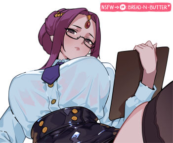 Rule 34 | 1girl, absurdres, alternate costume, artist name, black-framed eyewear, black skirt, bread-n-butter, breasts, brown thighhighs, clipboard, closed mouth, commentary, convenient censoring, english commentary, forehead, glasses, high-waist skirt, highres, holding, holding clipboard, huge breasts, long sleeves, looking at viewer, looking down, mirelia q melromarc, necktie, out-of-frame censoring, paid reward available, purple eyes, purple hair, purple necktie, secretary, semi-rimless eyewear, shirt, shirt tucked in, short hair with long locks, simple background, skindentation, skirt, solo, tate no yuusha no nariagari, thighhighs, under-rim eyewear, white background, white shirt