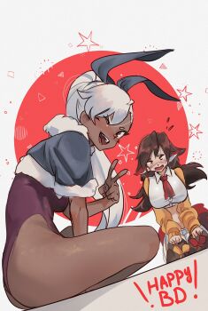 2girls ;d absurdres animal_ears ascot ass blush breasts brown_hair brown_thighhighs capelet clenched_hands collared_shirt commentary cropped_shirt dark-skinned_female dark_skin english_commentary feet_out_of_frame fur-trimmed_capelet fur_trim gift_art grey_capelet grey_hair hair_between_eyes hand_up happy_birthday highres kobi420 large_breasts leotard long_hair looking_at_viewer medium_breasts midriff multiple_girls nigiri_(karu) noemi_alter_(piku184) one_eye_closed open_mouth original ponytail purple_leotard rabbit_ears red_ascot red_background red_eyes shirt sitting skirt smile thighhighs v very_long_hair white_background white_shirt white_skirt yellow_eyes yellow_sleeves