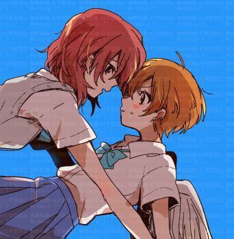 2girls blue_background blue_bow blue_bowtie blue_skirt blush bow bowtie collared_shirt commentary_request eye_contact hoshizora_rin kidapipi_7 looking_at_another love_live! love_live!_school_idol_project medium_hair multiple_girls nishikino_maki orange_hair parted_lips pleated_skirt purple_eyes red_hair shirt simple_background skirt sweat watermark white_shirt yellow_eyes yuri