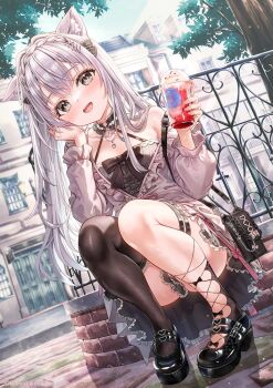 1girl animal_ear_fluff animal_ears asymmetrical_legwear bag black_bag black_choker black_shirt black_shoes black_skirt black_socks black_thighhighs blush bow braid breasts brick_wall building buttons cat_ears choker cobblestone collarbone commentary_request crown_braid day double-breasted drink fence frilled_shirt frills fujima_takuya full_body grey_eyes hair_bow halterneck hand_on_own_cheek hand_on_own_face handbag holding holding_drink jewelry layered_shirt light_particles light_rays long_hair long_sleeves looking_at_viewer necklace off_shoulder open_mouth original outdoors park pink_shirt puffy_sleeves shadow shirt shoes skirt small_breasts smile socks solo squatting sunlight teeth thigh_strap thighhighs tree under_tree upper_teeth_only white_hair