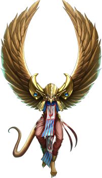 anklet artist_request beak blue_eyes demon_(megami_tensei) feathered_wings garuda_(megami_tensei) gold_helmet highres jewelry official_art pants persona persona_5 persona_5:_the_phantom_x shin_megami_tensei simple_background solo tail third-party_source transparent_background tusks wings