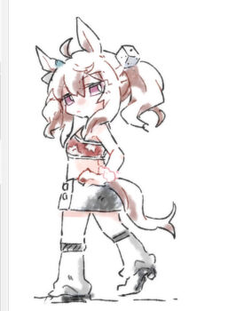 1girl ahoge animal_ears bare_shoulders beer_hsk bikini black_shoes black_skirt chibi dice_hair_ornament hair_ornament hand_on_own_hip horse_ears horse_girl horse_tail loose_socks nakayama_festa_(umamusume) red_bikini scrunchie shoes skirt socks solo swimsuit tail twintails umamusume white_background white_scrunchie white_socks wrist_scrunchie