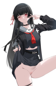 1girl absurdres arm_cutout black_choker black_hair black_jacket black_shirt black_skirt blunt_bangs breasts chisa_(wuthering_waves) choker closed_mouth clothing_cutout collarbone commentary crop_top dongye1551 feet_out_of_frame fingernails hair_ribbon hand_up highres jacket long_hair long_sleeves looking_at_viewer medium_breasts mole mole_under_eye neckerchief no_panties pussy red_neckerchief red_ribbon ribbon sailor_collar shirt skirt solo thigh_strap thighs v very_long_hair white_sailor_collar wuthering_waves