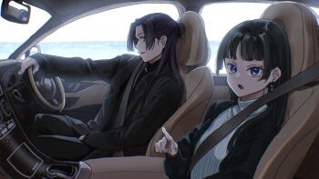 1boy 1girl black_jacket black_pants black_shirt blue_eyes blunt_bangs car_interior cl_opium commentary_request earrings green_hair hair_bun half_updo jacket jewelry jinshi_(kusuriya_no_hitorigoto) kusuriya_no_hitorigoto maomao_(kusuriya_no_hitorigoto) pants parted_bangs parted_lips purple_hair ribbed_sweater shirt sitting sweater upper_body white_sweater