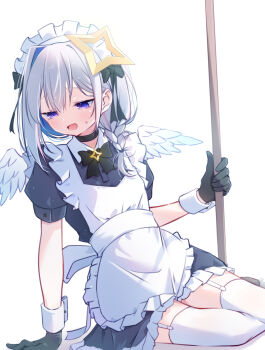 1girl alternate_costume amane_kanata angel_wings apron arm_support black_bow black_bowtie black_choker black_dress black_gloves black_ribbon blue_hair bow bowtie braid capuchi_(111cappuccino) choker colored_inner_hair dress feathered_wings frilled_apron frilled_dress frills garter_straps gloves grey_hair hair_ribbon halo highres holding holding_mop hololive looking_down maid maid_headdress medium_hair mop multicolored_hair open_mouth purple_eyes ribbon simple_background single_hair_intake sitting small_sweatdrop solo star_halo thighhighs virtual_youtuber white_apron white_background white_thighhighs white_wings white_wrist_cuffs wings wrist_cuffs zettai_ryouiki