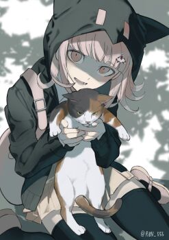 1girl :d absurdres animal animal_ear_hood animal_ears black_thighhighs blunt_bangs brown_hair brown_skirt cat cat_ears commentary_request danganronpa_(series) danganronpa_2:_goodbye_despair fake_animal_ears flipped_hair hair_ornament hareruya_(smomo2227) highres holding holding_animal holding_cat hood hood_up jacket knees_out_of_frame long_sleeves looking_at_viewer medium_hair miniskirt nanami_chiaki open_clothes open_jacket open_mouth pink_bag pink_eyes pleated_skirt shaded_face shirt sitting skirt sleeves_past_wrists smile solo thighhighs wariza white_shirt zettai_ryouiki
