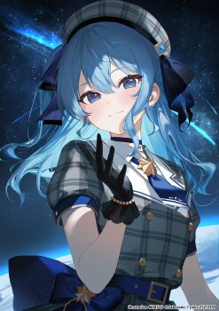 Rule 34 | 1girl, absurdres, ascot, belt, beret, black gloves, blue ascot, blue belt, blue choker, blue eyes, blue hair, choker, closed mouth, commentary request, dress, earrings, gloves, hat, highres, hololive, hoshimachi suisei, hoshimachi suisei (1st costume), jewelry, light smile, long hair, looking at viewer, night, one side up, plaid clothes, plaid dress, plaid hat, sakurada nana, shooting star, sky, solo, space, star (sky), star (symbol), star earrings, star in eye, starry sky, symbol in eye, upper body, virtual youtuber