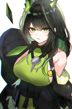 1girl :o arknights aura bare_shoulders black_hair black_jacket breasts chromatic_aberration colored_inner_hair crystal emoji green_eyes green_hair hair_between_eyes hand_up highres hyeroin jacket large_breasts light_particles medium_hair mon3tr_(arknights) multicolored_hair off_shoulder open_mouth simple_background sleeves_past_fingers sleeves_past_wrists solo white_background