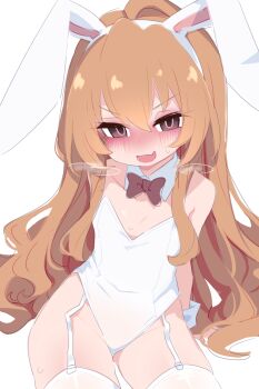 1girl aisaka_taiga animal_ears bare_hips bare_shoulders blush bow bowtie breasts breath brown_eyes brown_hair collar collarbone cowboy_shot detached_collar embarrassed empty_eyes fake_animal_ears female_focus from_above garter_straps kukuchi581 leotard loli long_hair looking_at_viewer looking_up matching_hair/eyes nervous nervous_sweating playboy_bunny rabbit_ears red_bow red_bowtie simple_background sitting small_breasts solo strapless strapless_leotard sweat thighhighs toradora! wavy_hair white_background white_collar white_leotard white_thighhighs