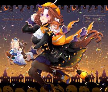 4girls admire_vega_(glacialis_vega)_(umamusume) admire_vega_(umamusume) ahoge animal_ears ascot bare_shoulders black_dress black_pantyhose blonde_hair blue_cape blue_coat blue_crown blue_jacket blue_pants blush boots breasts broom broom_riding brown_hair candy cape choker closed_eyes closed_mouth coat crown crown_hair_ornament double-parted_bangs dress ear_covers ear_ornament elbow_gloves food ghost gloves hair_between_eyes hairband halloween halloween_costume hat highres horse_ears horse_girl horse_tail jack-o&#039;-lantern_brooch jack-o&#039;-lantern_ornament jacket kaokuma lantern large_breasts long_hair long_sleeves looking_at_viewer medium_hair meisho_doto_(dot-o&#039;-lantern)_(umamusume) meisho_doto_(umamusume) mini_crown mini_person minigirl multicolored_hair multiple_girls narita_top_road_(celestial_road)_(umamusume) narita_top_road_(umamusume) off-shoulder_dress off_shoulder official_alternate_costume on_shoulder open_mouth orange_hair orange_hat pants pantyhose patterned_legwear pink_crown pumpkin pumpkin_brooch pumpkin_hat purple_eyes purple_hairband shirt short_hair single_ear_cover skirt smile streaked_hair t.m._opera_o_(umamusume) tail tracen_winter_coat two-tone_cape two-tone_hair umamusume white_ascot white_dress white_gloves white_hair