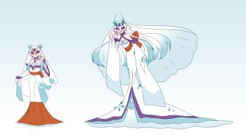 Rule 34 | 2girls, breasts, claws, cleavage, colored eyelashes, dress, eyeshadow, froslass, gen 4 pokemon, gradient background, gradient hair, hair between eyes, highres, horns, humanization, ice, long dress, long hair, long sleeves, mai artwork, makeup, mega froslass, multicolored hair, multiple girls, nintendo, personification, pokemon, purple eyeshadow, red ribbon, ribbon, smile, very long hair, waist ribbon, white hair